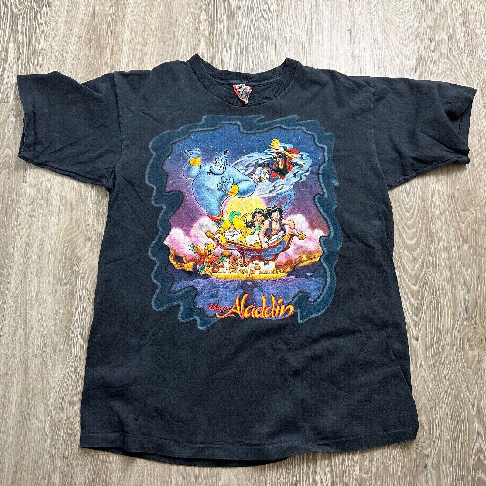 Disney Aladdin Vintage Graphic Black T-Shirt Genie Jasmine Jafar Abu Iago Mens L