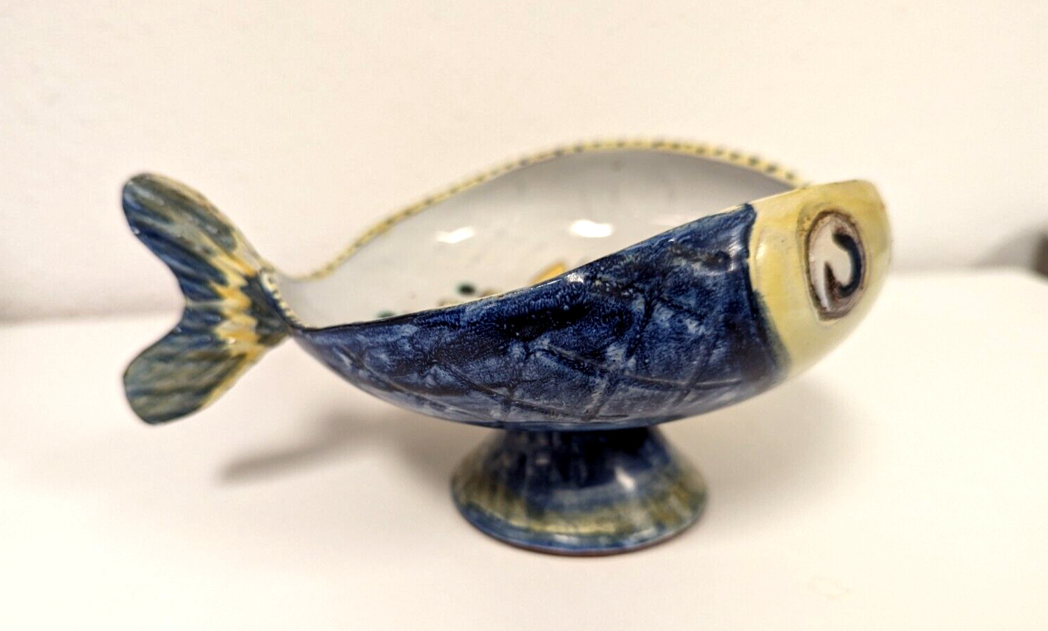 Vintage MCM Pedestal Ceramic Bowl Italy Signed Fish dish Art Pottery Figural