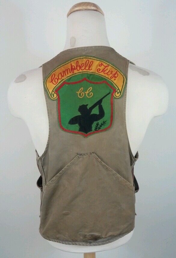 Vtg 1950s Tournament Hunting Canvas Leather Vest Jacket Club Patch Fishing Work 