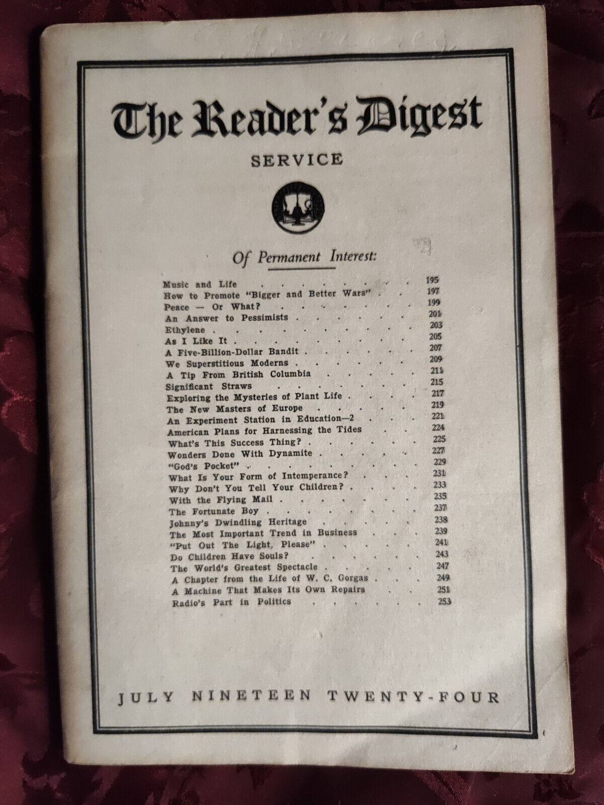 RARE Reader\'s Digest July 1924 Fritz Kreisler Hilaire Belloc Herbert Hoover 