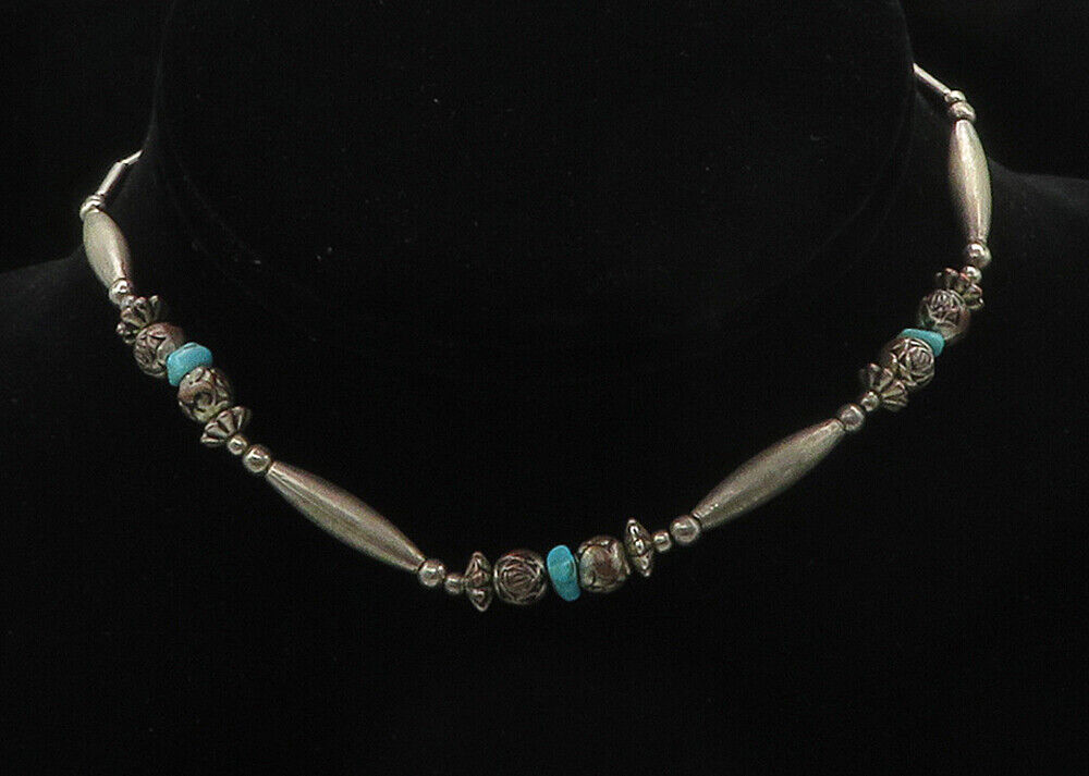 SOUTHWESTERN 925 Sterling Silver - Vintage Turquoise Chain Necklace - NE2694
