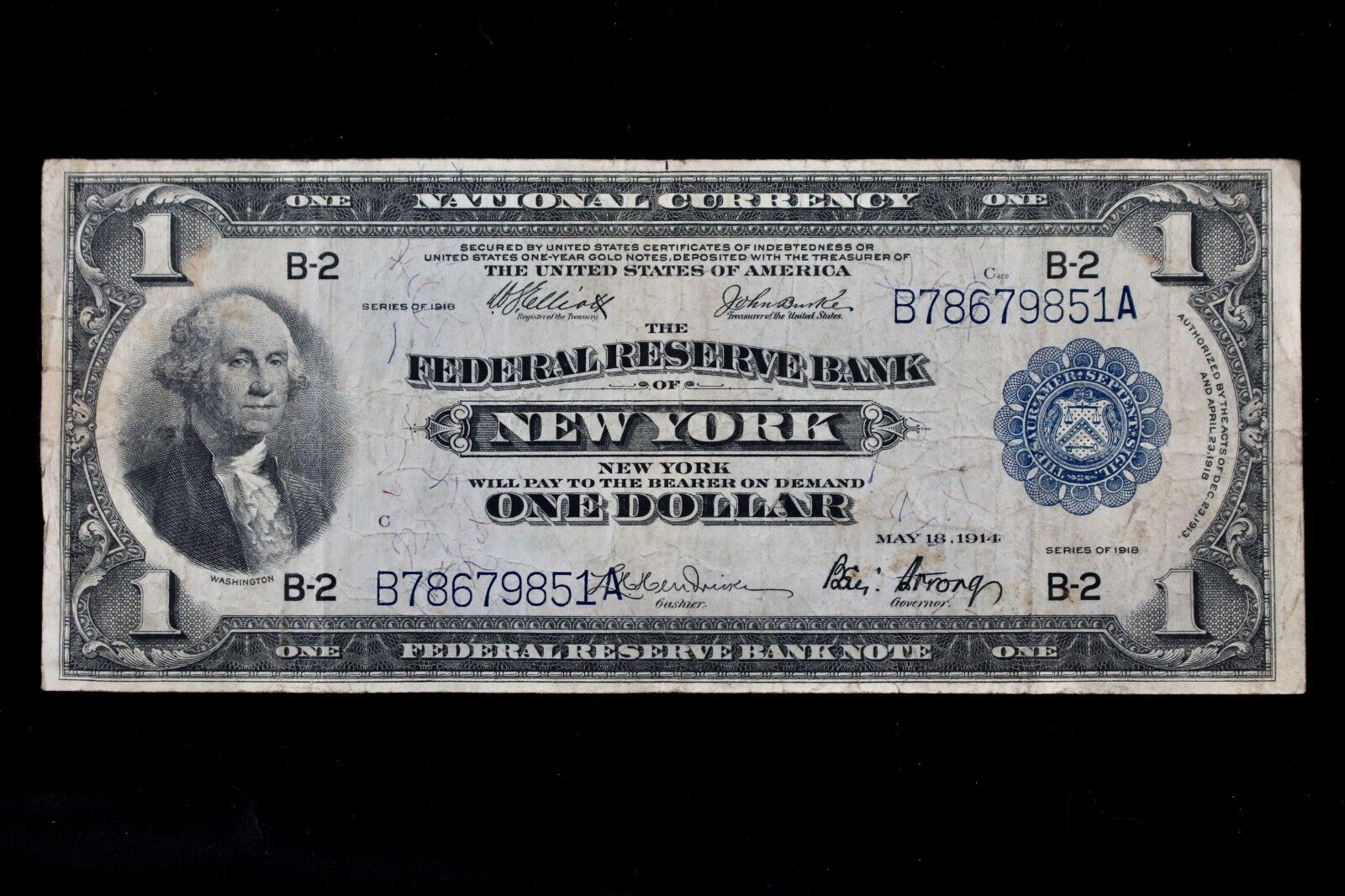 $1 1918 Soaring Eagle Large blue seal FRBN B78679851A Fr#712 New York one dollar