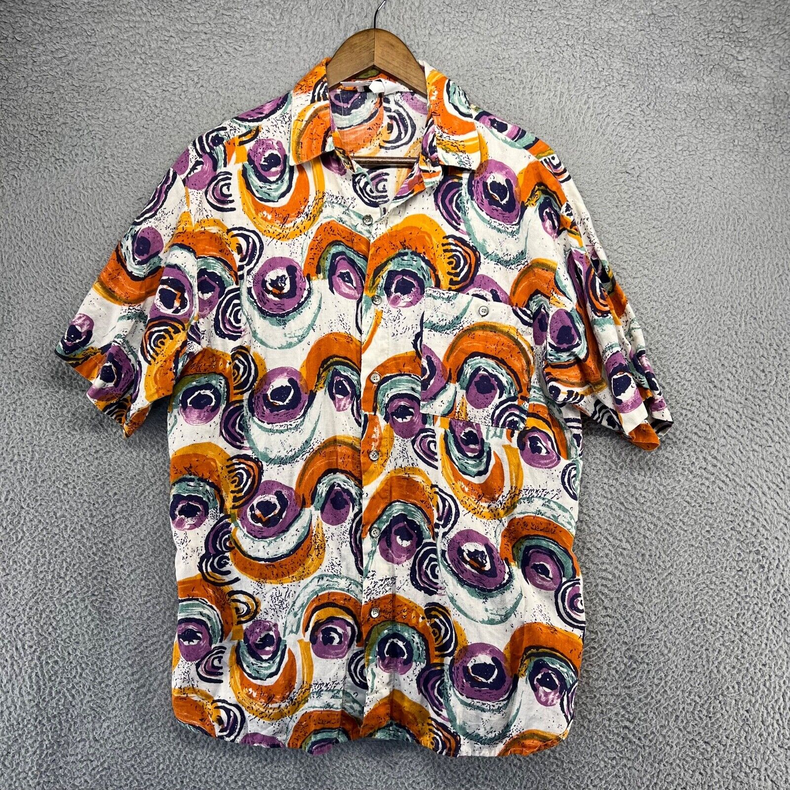 Vintage Max Abstract Shirt Men\'s Large White Orange Purple Colorful Art USA 90s