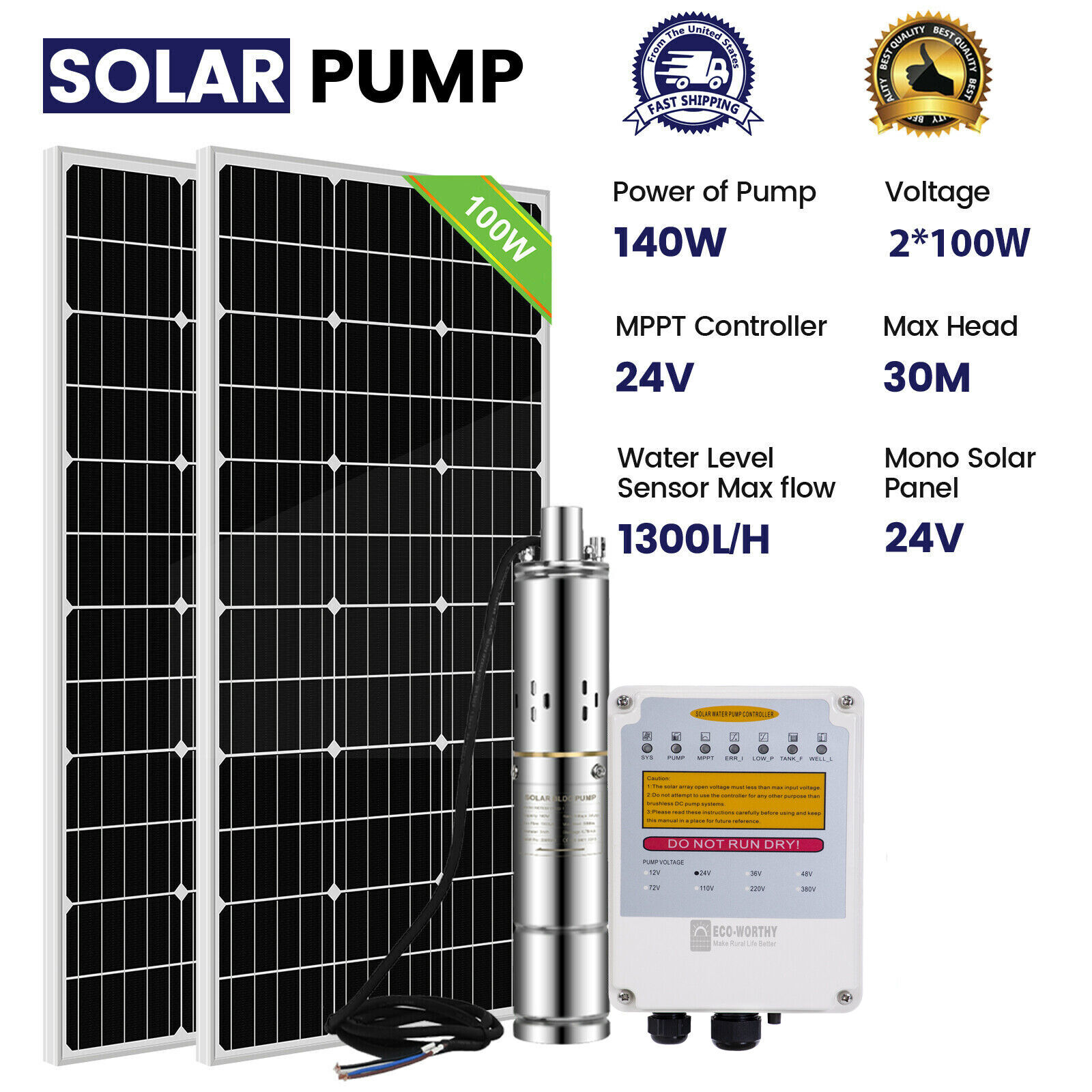 DC 24V Submersible Solar Well Pump Kit 3'' Solar Water Pump 164ft 5.7gpm MPPT