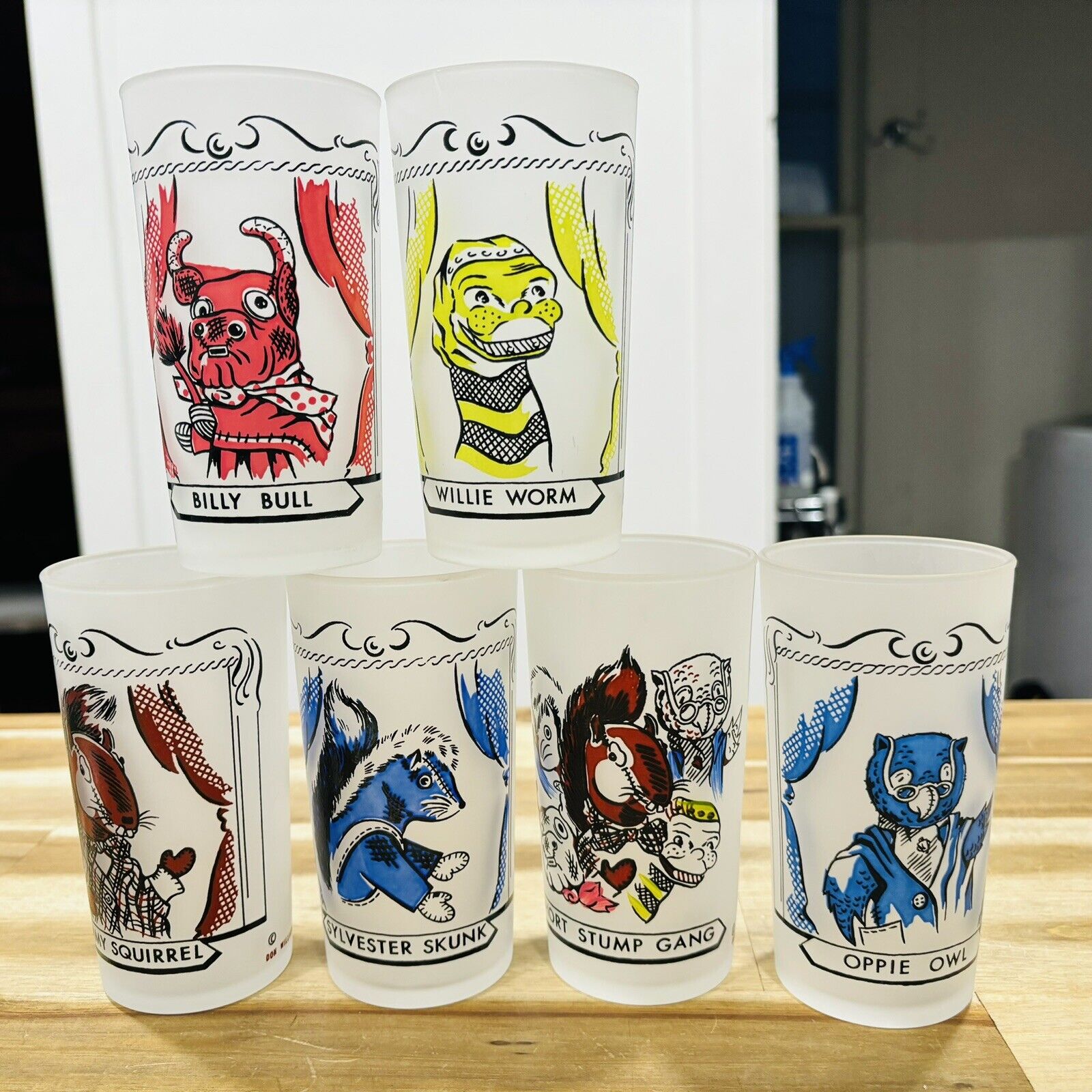 Set of 6 *RARE* Vintage 50s Glass Bar Cocktail Tumblers MCM Animal Characters