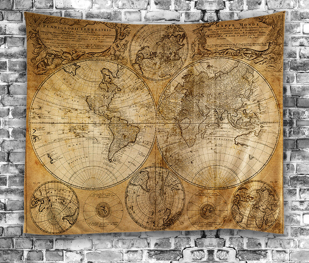 Vintage Antique-Look Map World Globe TAPESTRY 60x80 Hanging Fabric Wall Art
