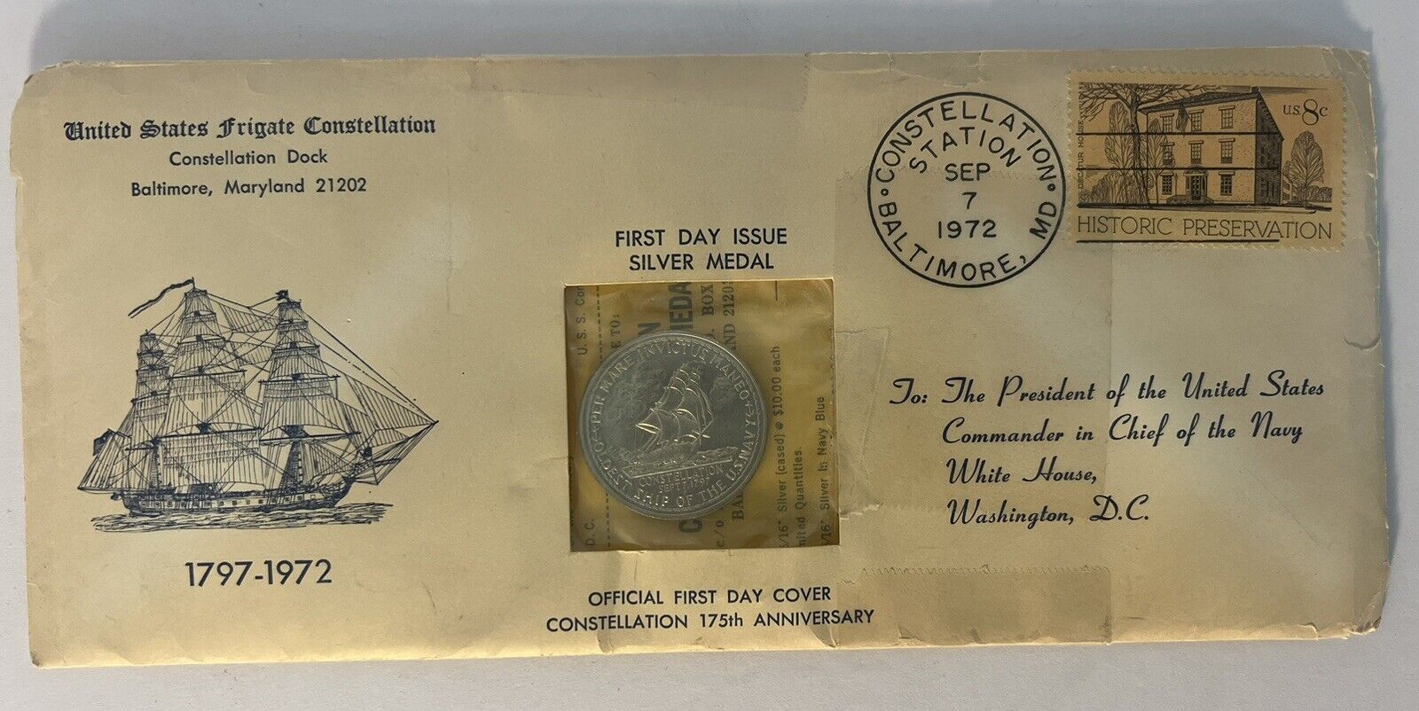 US Frigate Constellation Navy Congressional Medal Silver First Day Cover 1972