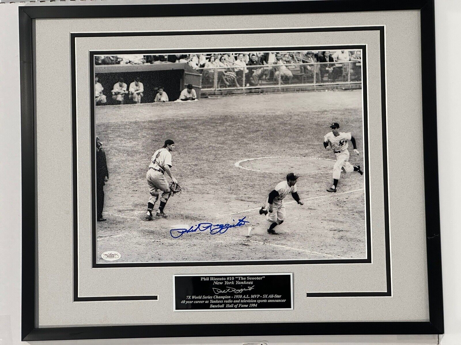 JSA Phil Rizzuto Signed 11 x 14 B & W Photo Framed w/engraved nameplate