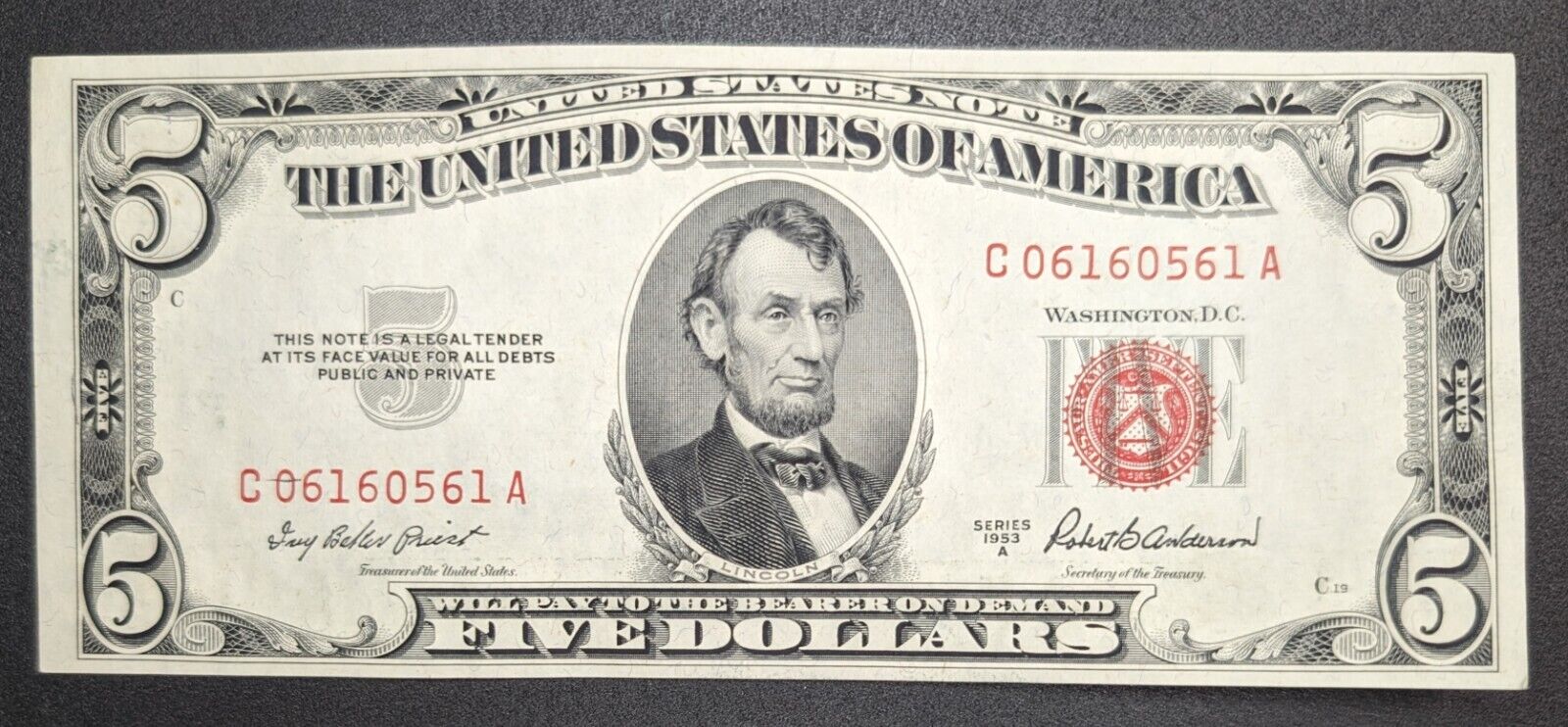 1953 U.S. $5 Five Dollar Red Seal Almost Uncirculated Condition Note