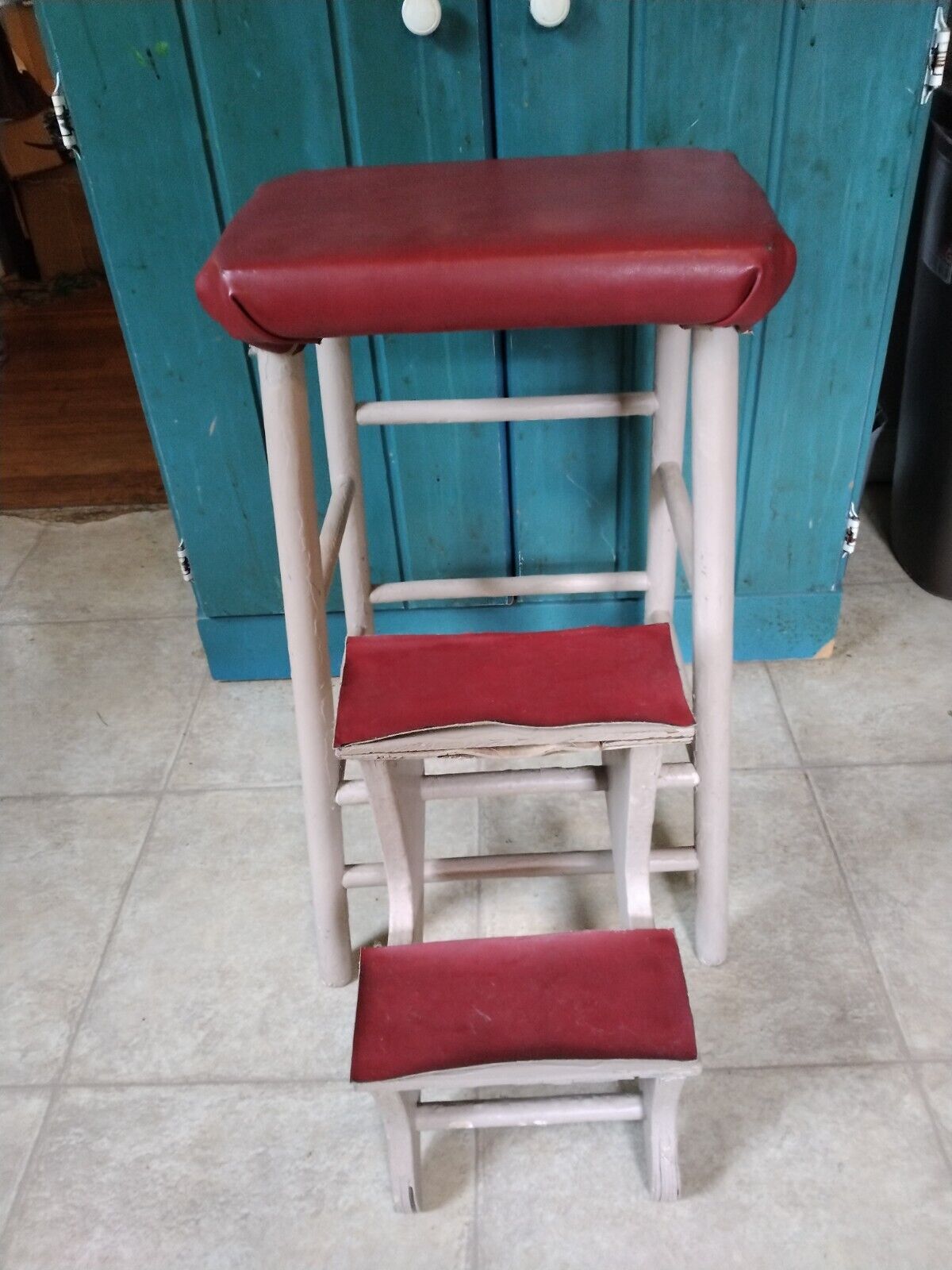Vintage Painted Wood Kitchen Step Stool Seat Folding Stairs Patina Farmhouse