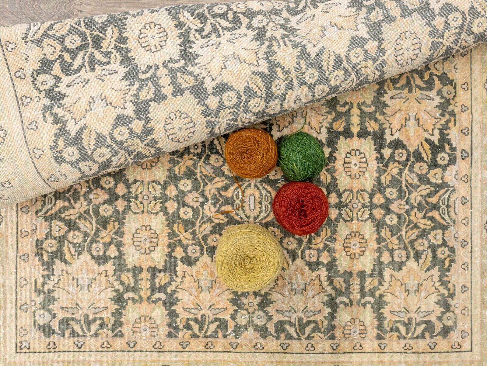 Turkish Oushak Vintage Rug,All Over Design Deep Green Oriental Rug,3'10''x5'8''