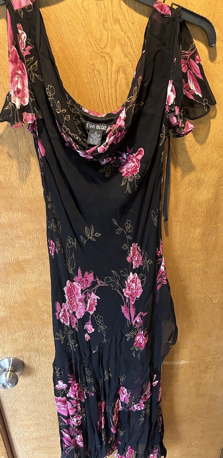 VTG Eva Blue Black Floral Print Sheer  Dress. Size 6 Great Condition