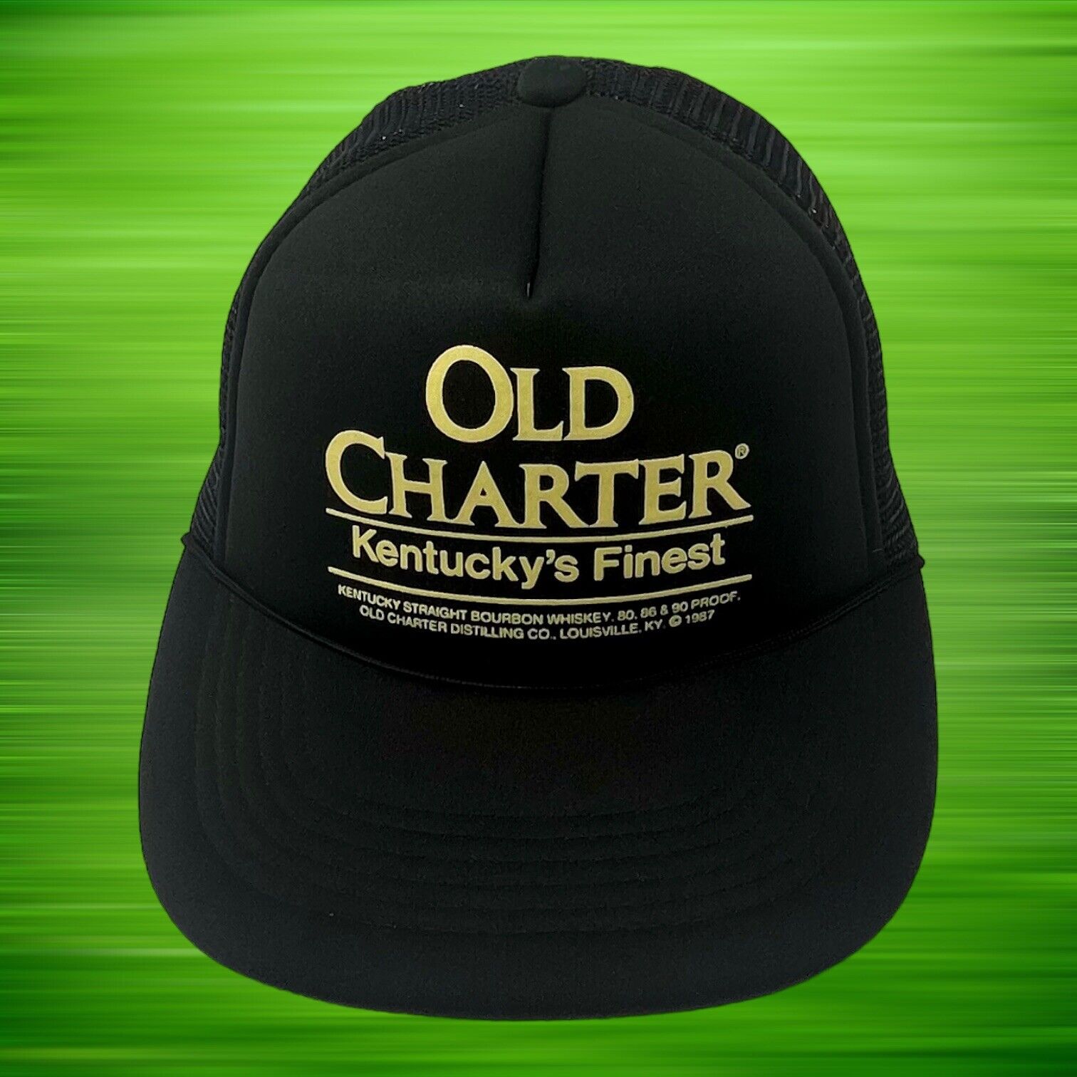 Vintage 80s Old Charter Kentucky Whiskey Trucker Hat Snapback Cap Mesh Black