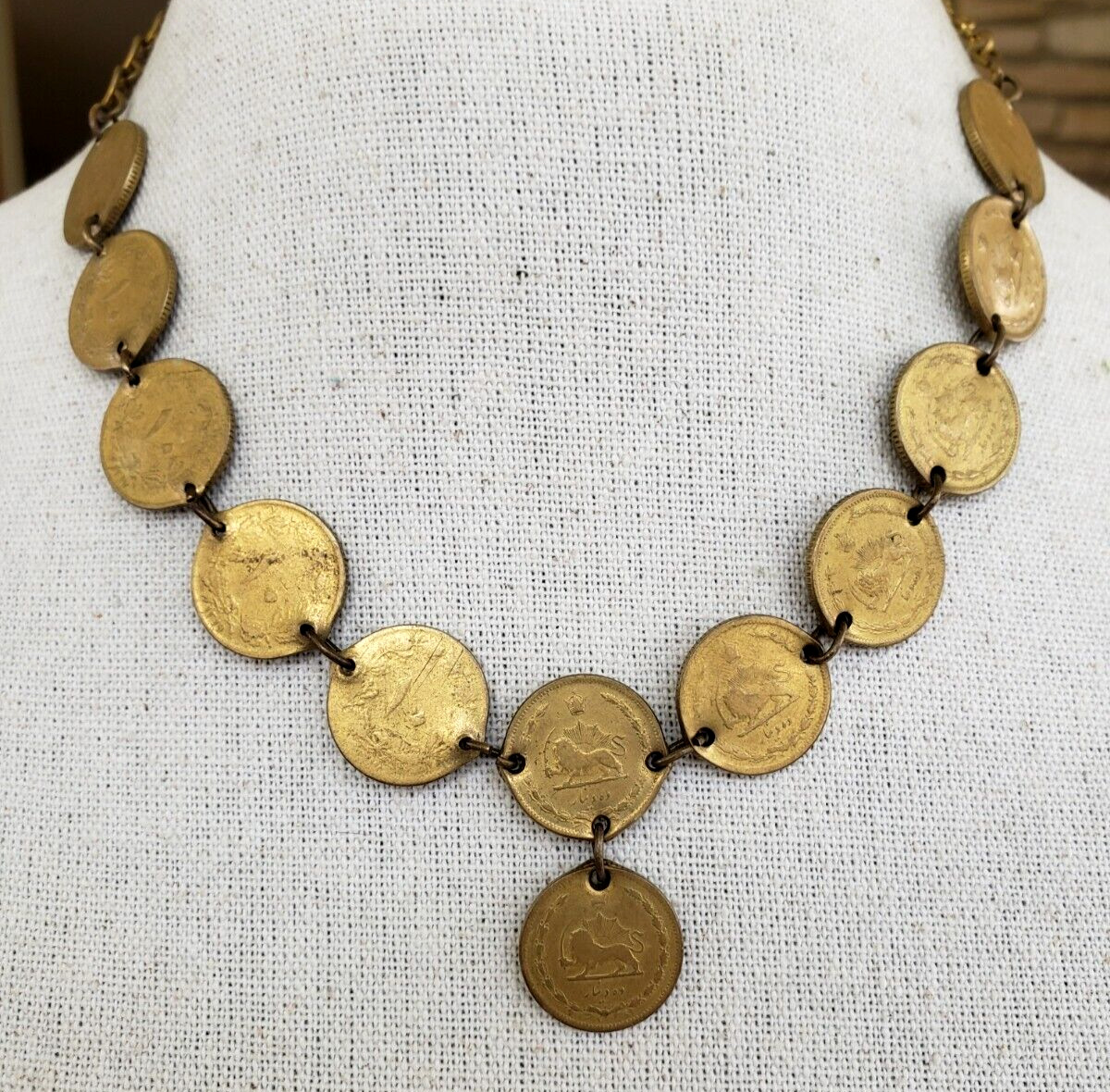 Vtg 1920s Persian Iran Bronze Coin Choker Necklace Adj Lngth Brass Chain