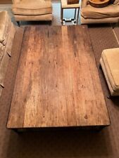 Restoration hardware walnut stained wood and metal coffee table with shelf picture