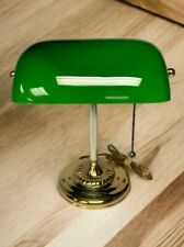 VTG  BRASS GREEN EMERALD GLASS SHADE BANKERS DESK TABLE LAMP Pull-Chain Works picture