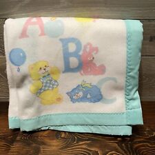 Vintage Riegel Baby Blanket Crib ABC White w/Aqua Trim 50x36 100% Cotton USA picture