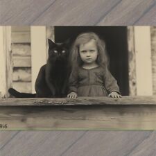 POSTCARD Girl Black Cat Weird Creepy Pet Old Vibe Unusual Cute Scary Strange Fun picture