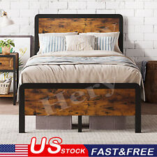 Twin/Full/Queen Size Bed Frame Metal Platform Industrial With Wood Headboard picture