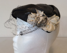 Vintage Ladies Hat Juliet Black with White Floral Designs Pillbox picture