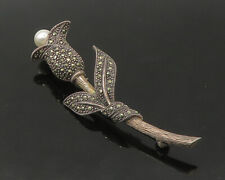 925 Sterling Silver - Vintage Pearl & Marcasite Flower Brooch Pin - BP8763 picture