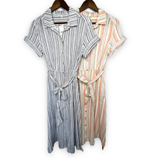 Set Of 2 Anne Klein Striped Button Front Belted Irina Shirt Dress Medium NWT picture