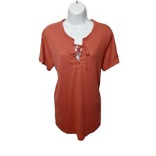 Maurices blouse womens size XL short sleeve burnt orange tie neck ribbed cottage picture