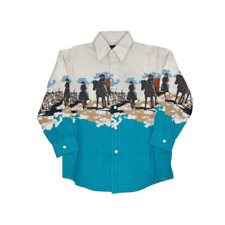 Panhandle Youth Boy's Western Cowboy Scene Turquoise Snap Shirt SBN2S02643 picture