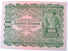 1922 Austria 100 Kronen UNC Austrian Currency Paper Money Banknote p-169 picture