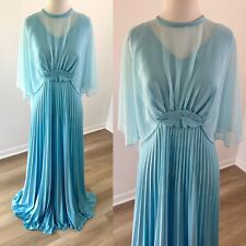 Vintage 70s Pleated Maxi Dress Sheer Chiffon Cape Blue Hostess Dress 34” Bust picture