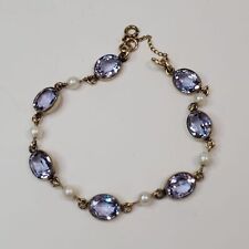 Vintage 12k Gold Filled Faceted Blue Glass Stone & Cultured Pearl Bracelet 7.5