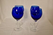 Vintage Hand-Blown Cobalt Blue Twisted Clear Stem Wine Glasses (Set of 4) picture