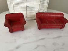 Vintage Strombecker Sofa/Couch And Chair Set Red Wood Dollhouse Miniature Size picture