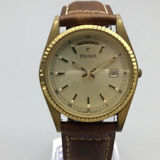 Vintage Pulsar Watch Men 35mm Gold Tone Day Date Y744-0A20 Leather New Battery picture