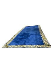 11' x 30'  LARGE PLAIN FIELD ODD SIZE HANDMADE ANTIQUE CHINESE ART DECO BLUE RUG picture