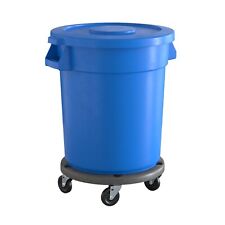 Commercial Round Plastic Trash Can with Lid and Dolly 20 Gallon Blue picture