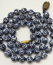 VTG Chinese Bat Hand-Knotted Hand Painted Porcelain Bead Necklace Blue White 25” picture