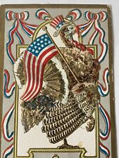 1908 American Flag Patriotic Uncle Sam￼ Turkey Thanksgiving Embossed Postcard picture