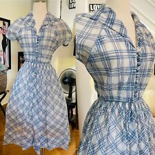 Vtg 60s 70s Sheer Poly Plaid Rockabilly Shirtwaist Fit Flair Day Dress S/M 36 26 picture
