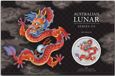 2024 Australia Red Lunar Year of the Dragon 1oz Silver  BU Color Coin In Card picture