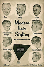 1956 Barbershop Barber Poster Vintage Ad Modern Hair Styling Chart Haircut Repro picture