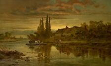 Antique 1890s Robert Gallon The Barge on the River Chromolithograph Hildesheimer picture