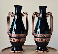 Pair of Frankoma signed V-13 Black Terracotta Handle Vase with Greek Key Motif   picture