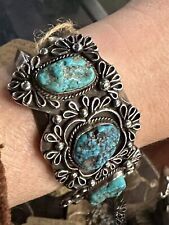 STUNNING VINTAGE NATIVE AMERICAN CHUNKY NATURAL TURQUOISE STERLING CUFF SIGNEDTD picture