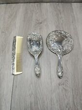 Vintage Silver Plated vanity Beauty set Art Nouveau Floral Mirror Brush And Comb picture
