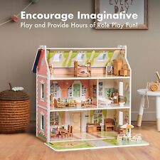 Robud Retro Doll House Wooden Dollhouse with Furniture Gift for Kids Toddler 3+ picture
