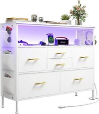 6 Drawers Dresser for Bedroom TV Stand with Power Outlets and LED Light, White picture