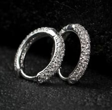 White Gold Plated Sterling Silver Elegant Iced CZ Men's Huggie Hoop Earrings picture