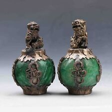 Exquisite Chinese Silver Dragon Inlaid Green Jade Hand Carved Pair Lion Statue  picture