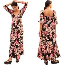 Anthropologie Dress XS Pink And Black Floral Smocked Puff Sleeve Blossom Maxi picture